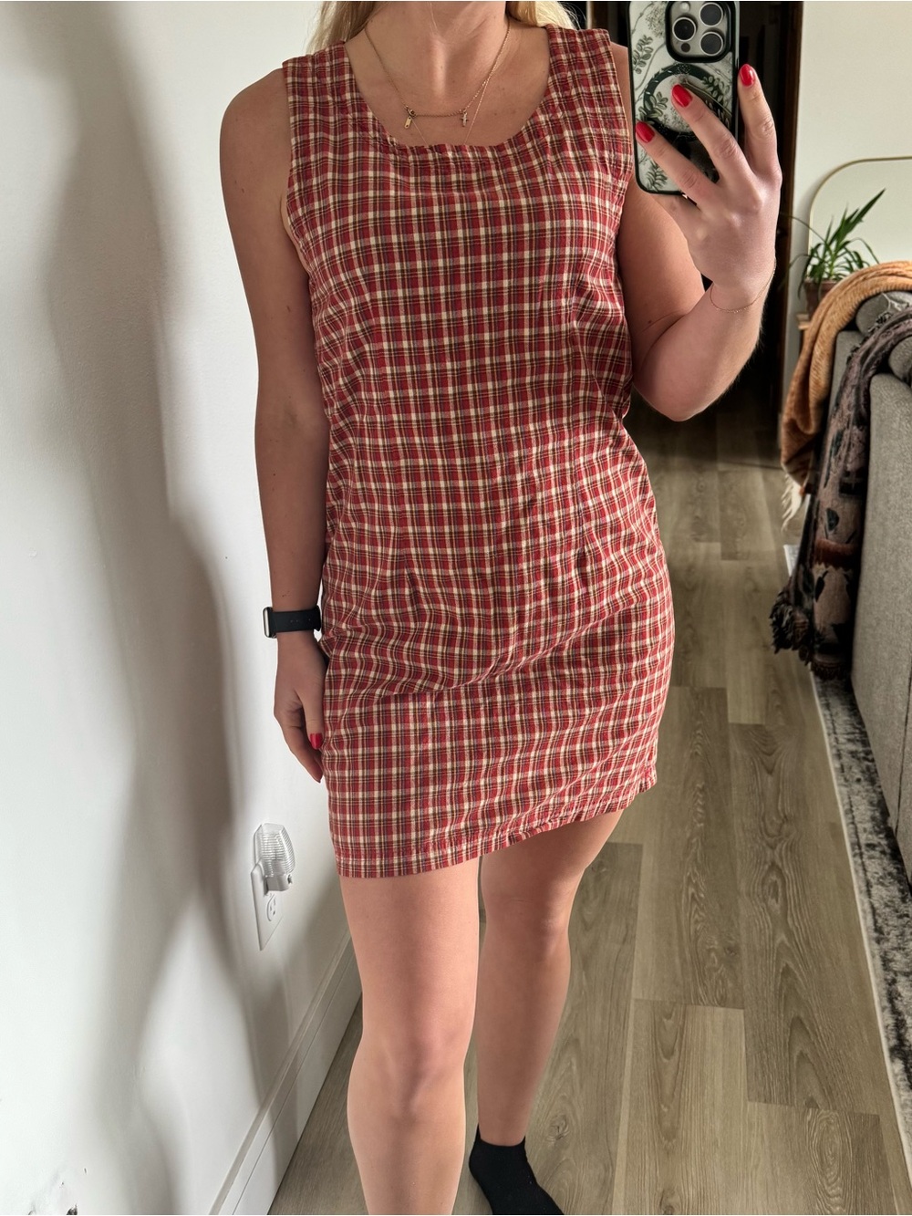 Vintage Abercrombie & Fitch red and cream plaid sleeveless mini dress